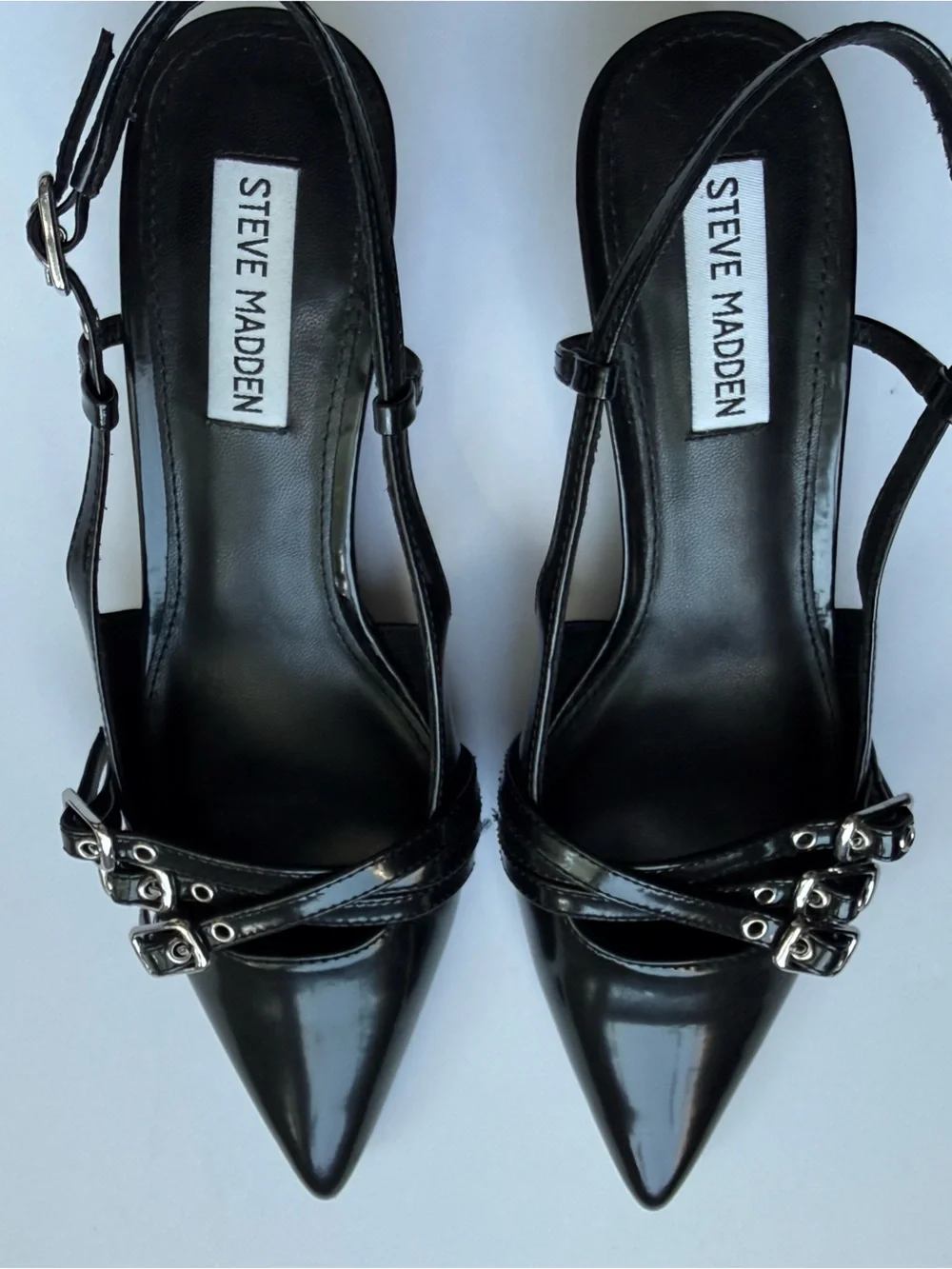 Steve Madden Women’s Black Pointed Slingback Kitten Heels with Buckle Straps